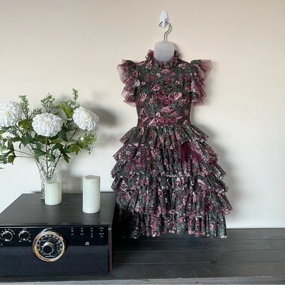 Green/burgundy day floral Mia Joy voluminous mini dress - Picture 3 of 11